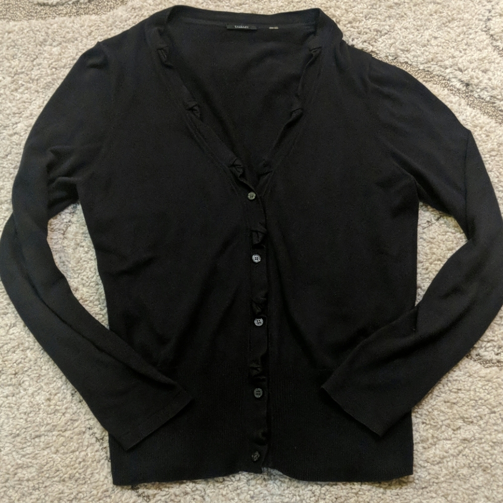 Tahari black ruffle front cotton cardigan